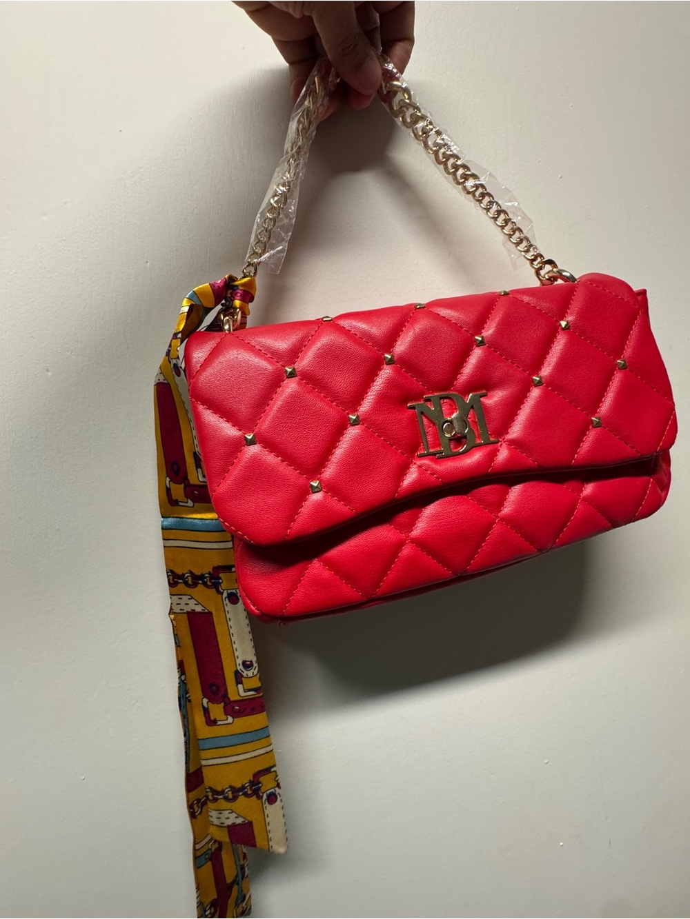 Badgley Mischka Quilted Red Letter Lock Shoulder Bag with Diamond Shaped Studs